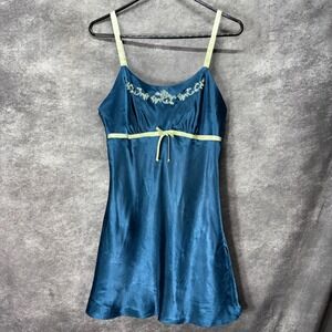 Y2K Jones NY Babydoll Teal Satin Mini Slip Dress Sz M Floral Embroidered Fairy
